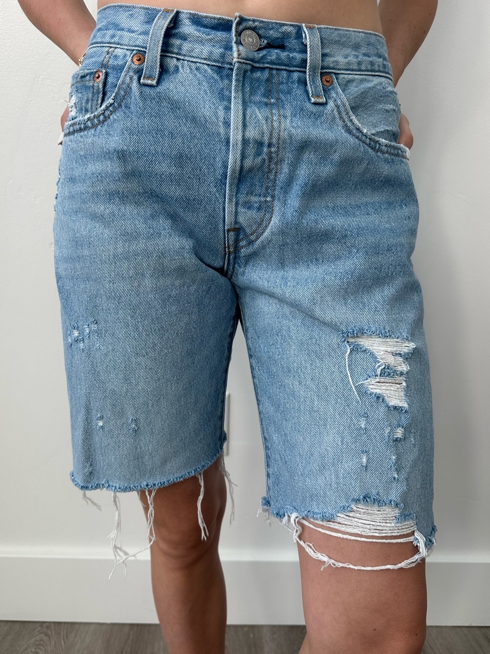 Levi's Light Blue Distressed Denim Bermuda Shorts